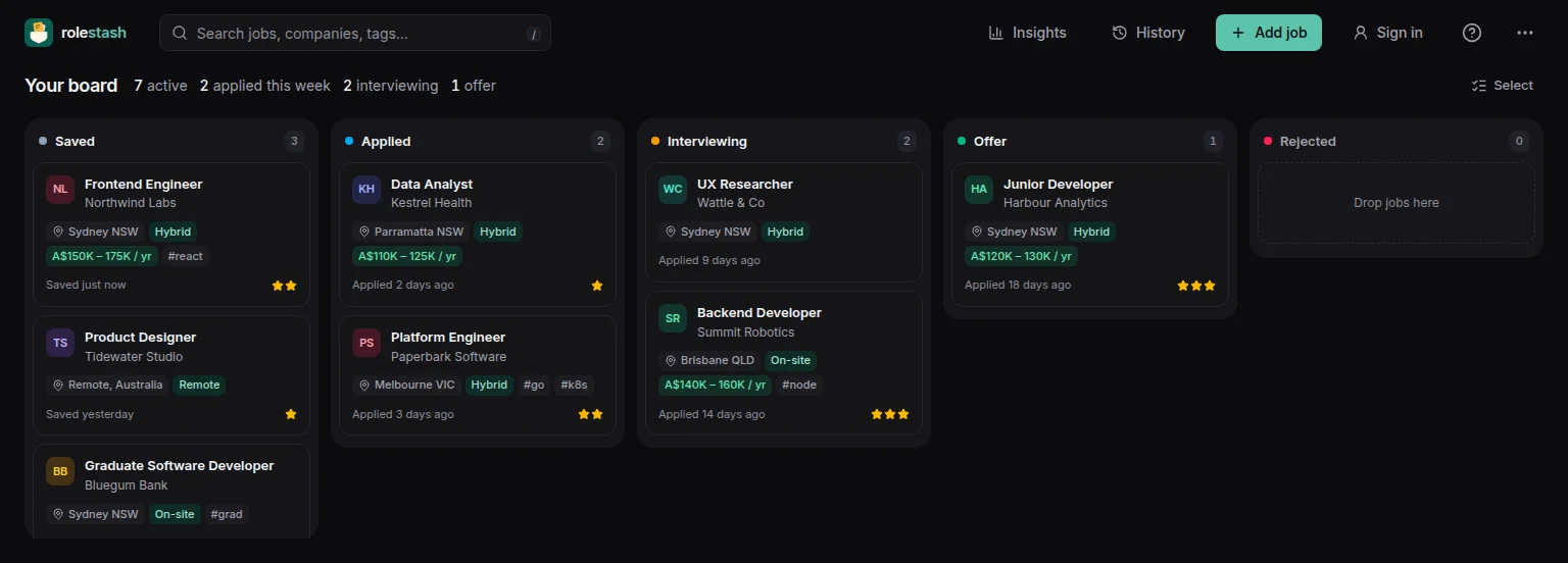 The Rolestash board in dark mode: job cards with company, location, salary and priority, in Saved, Applied, Interviewing and Offer columns.