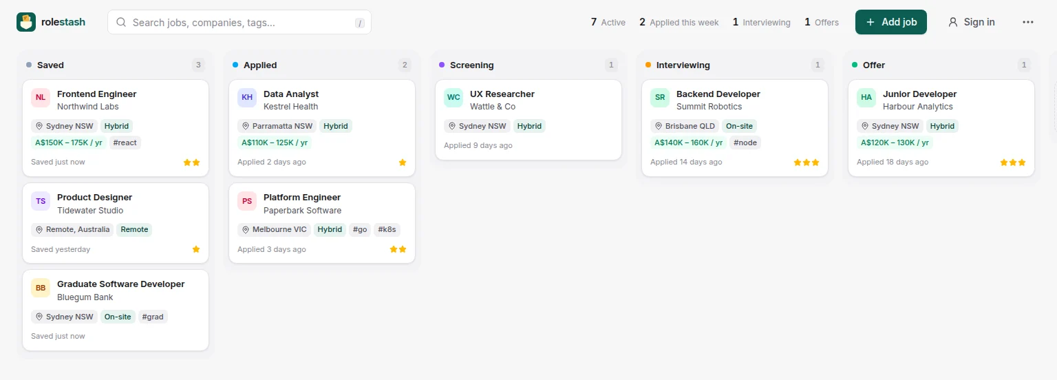 The Rolestash board: job cards with company, location, salary and priority, in Saved, Applied, Screening, Interviewing and Offer columns.
